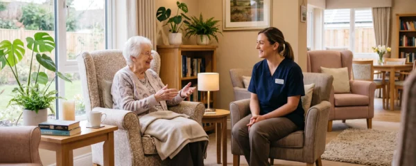 Résident âgé conversant avec un soignant dans le salon chaleureux d'un EHPAD moderne