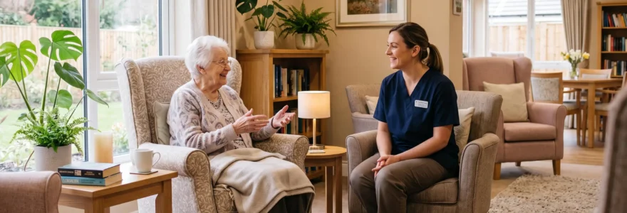Résident âgé conversant avec un soignant dans le salon chaleureux d'un EHPAD moderne