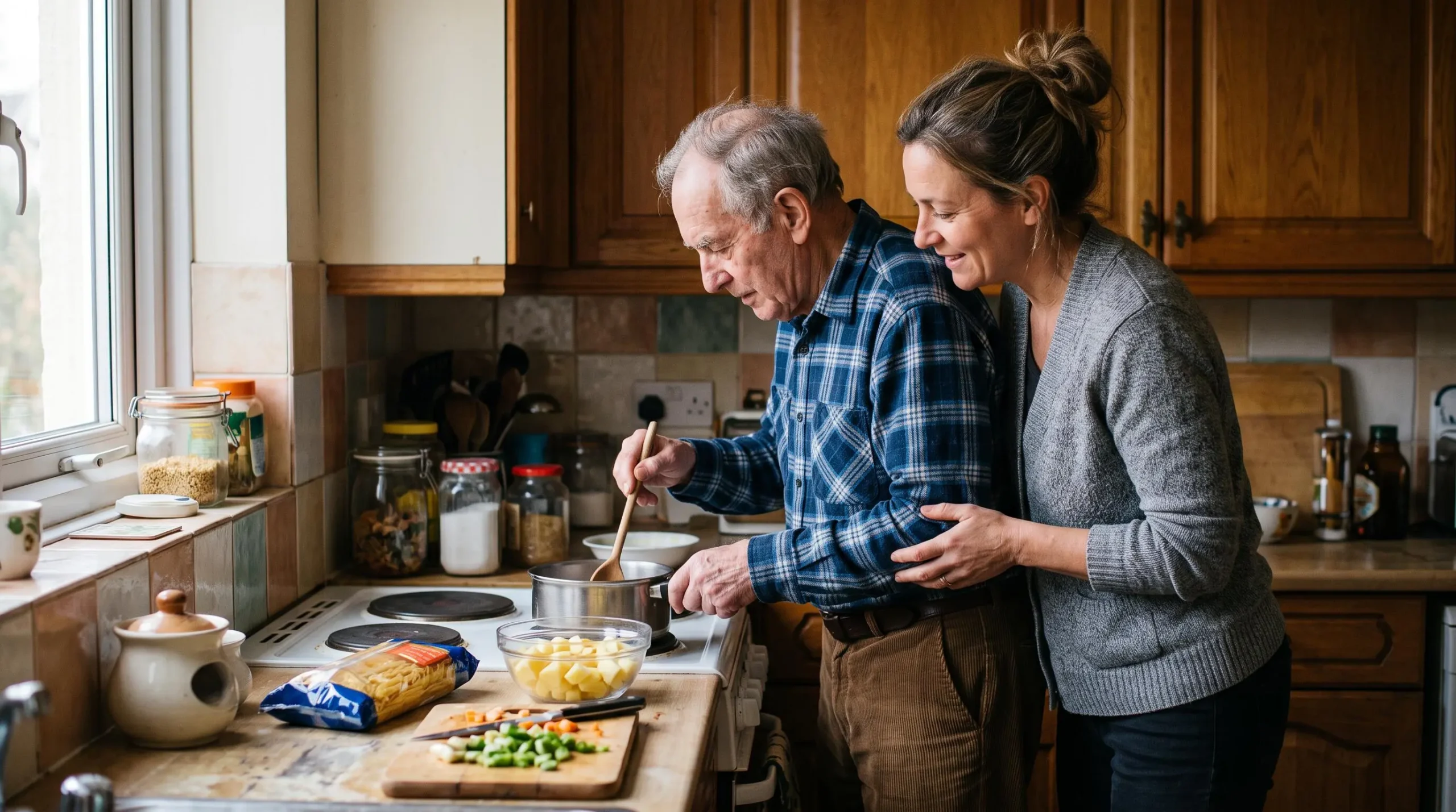 Proche aidant accompagnant une personne âgée dans sa cuisine pour la préparation d'un repas